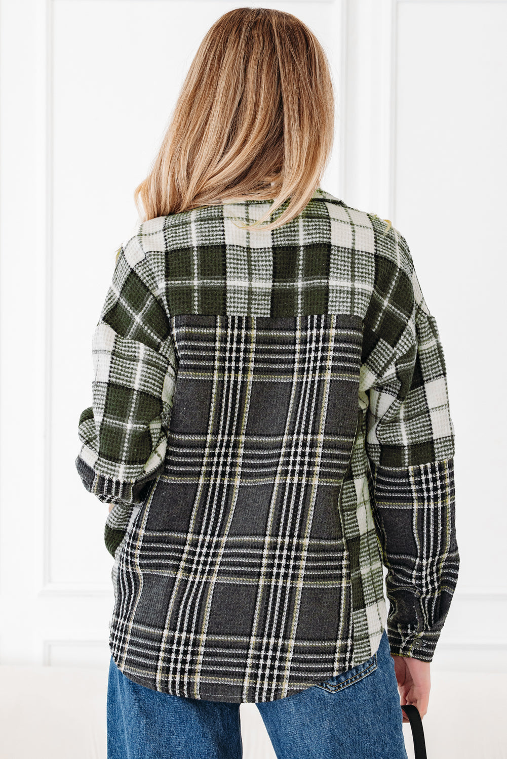 Plaid Textured Knit Buttoned Shacket