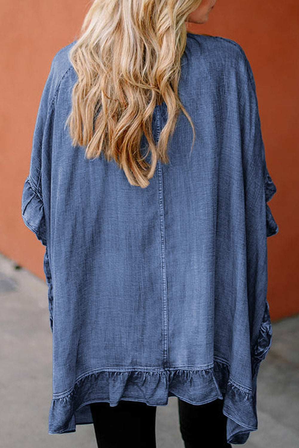 Chambray Ruffle Hem Open Loose Kimono