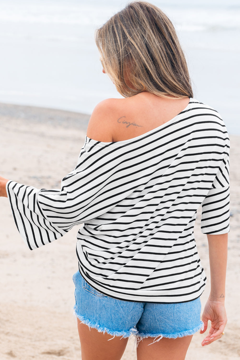 Stripe Half Sleeve Scoop Neck Top