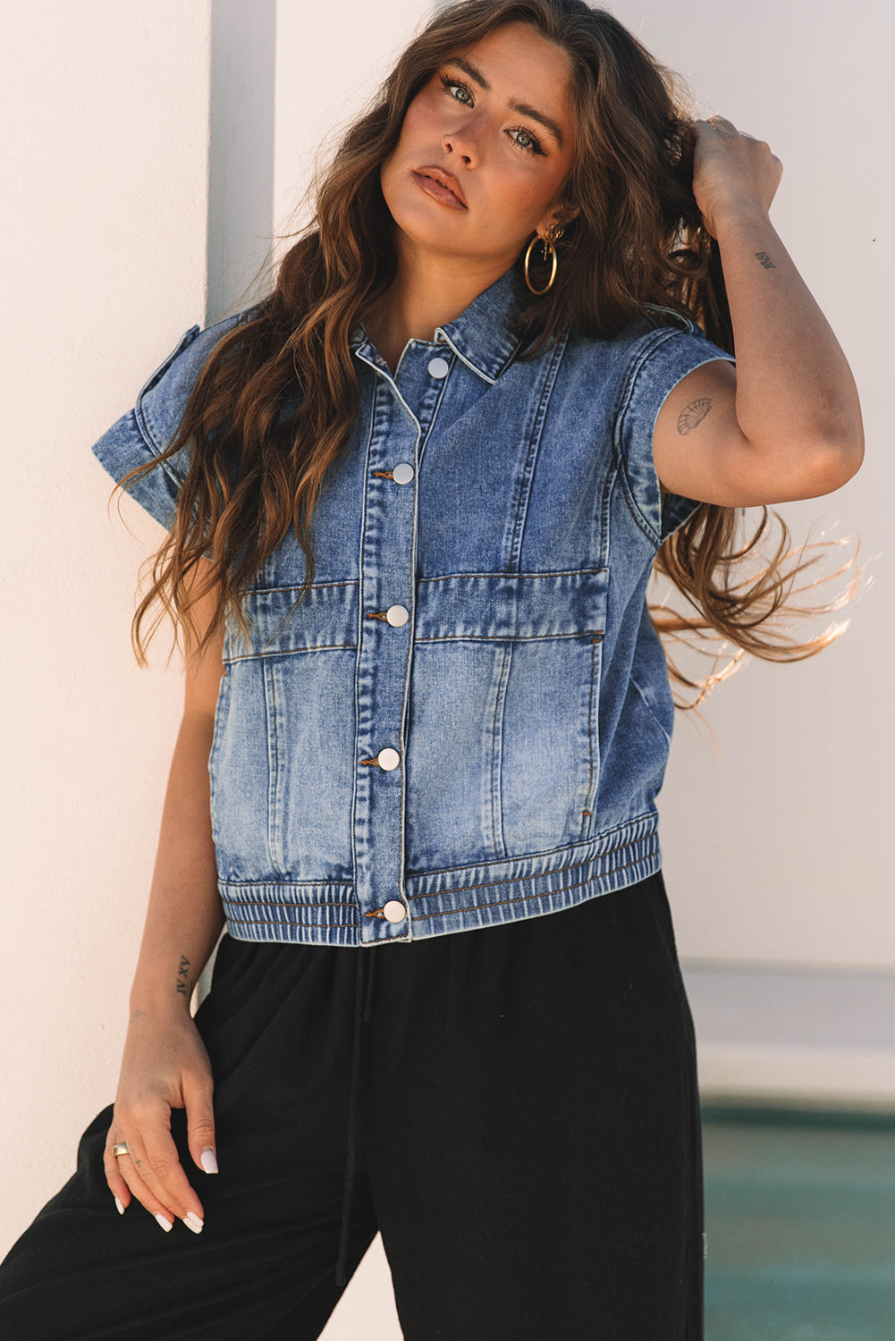 Acid Wash Elastic Hem Button Up Denim Vest