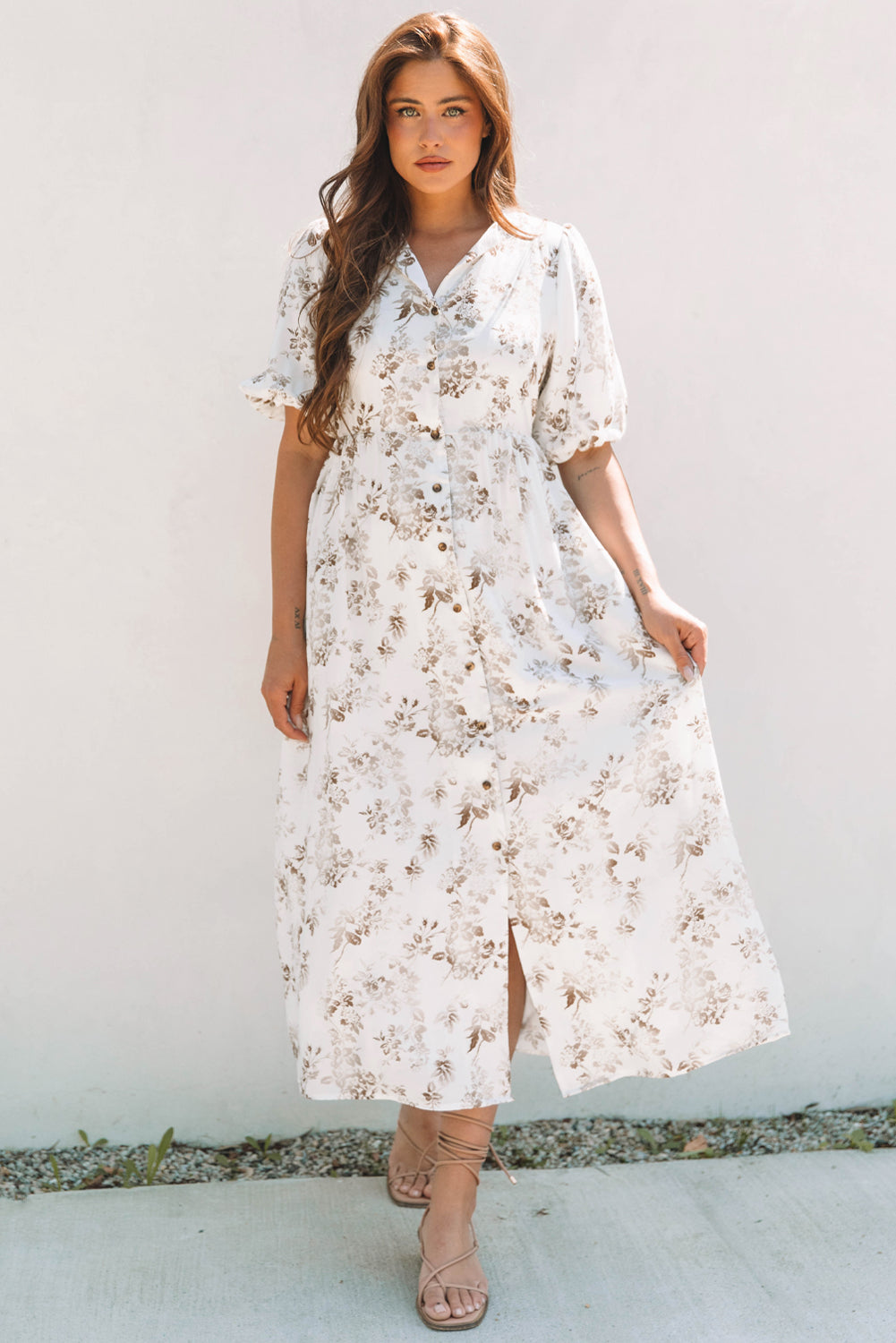 Floral Puff Sleeve V Neck Buttoned Front Maxi Dress