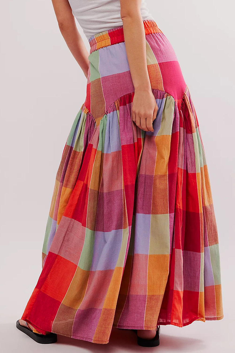 Plaid Print Ruched High Waist Maxi Skirt