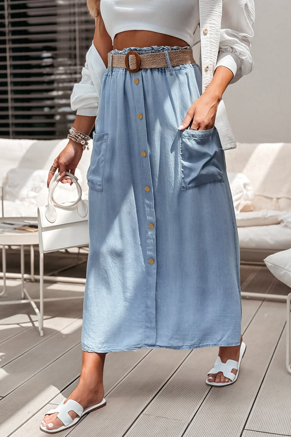 Blue Buttoned Front Denim Maxi Skirt