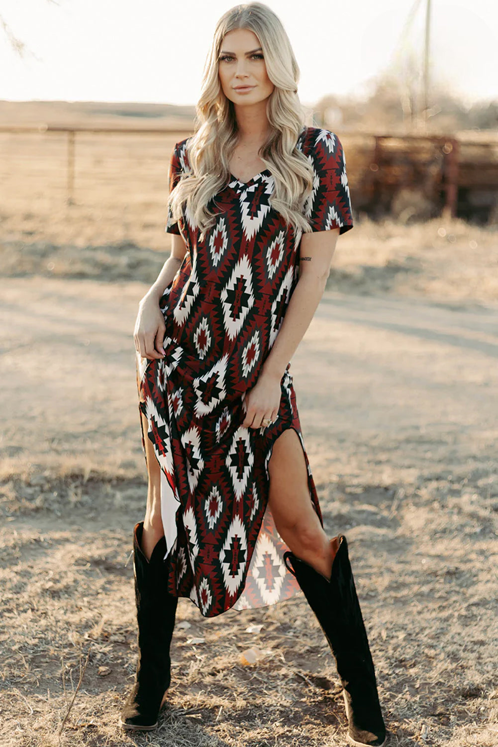 Aztec Print Long T-shirt Dress
