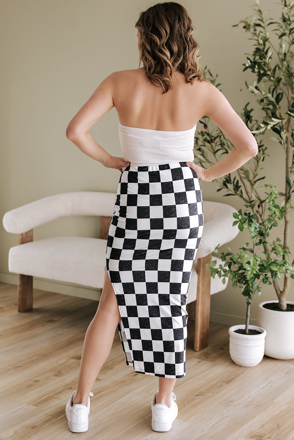 Checkered Print Side Slit Midi Skirt