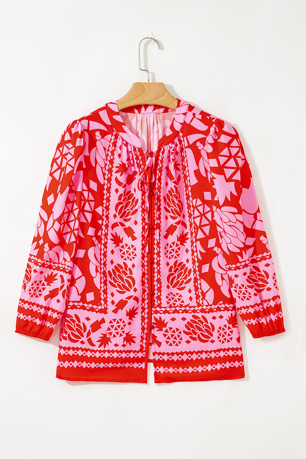 Abstract Floral Tie Neck Blouse