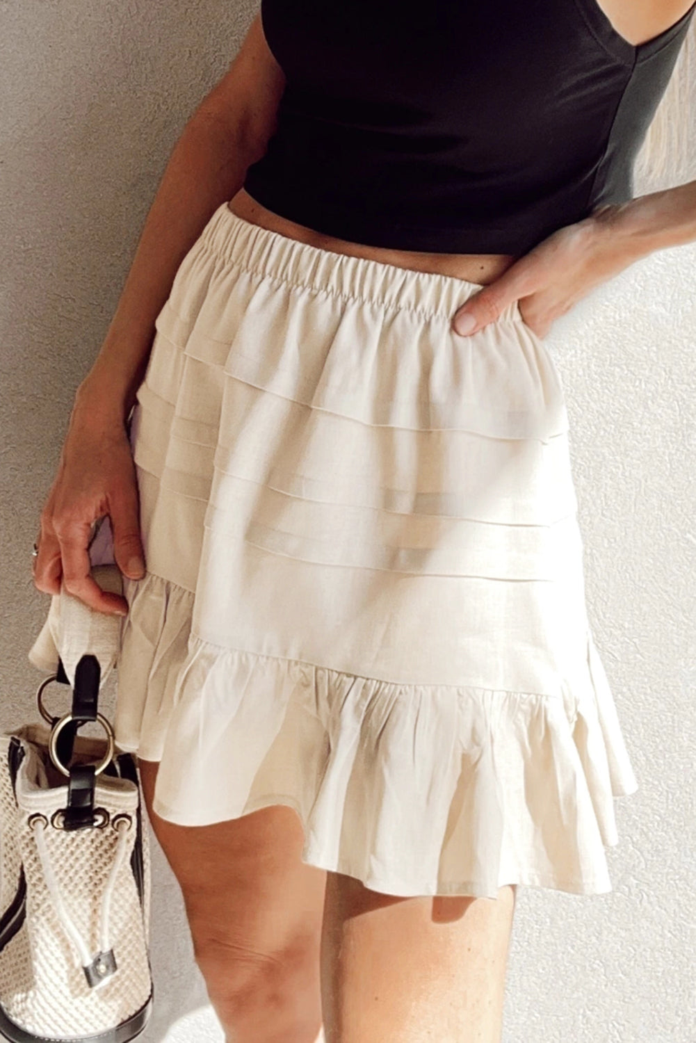 Beige Tiered Ruffled Mini Skirt