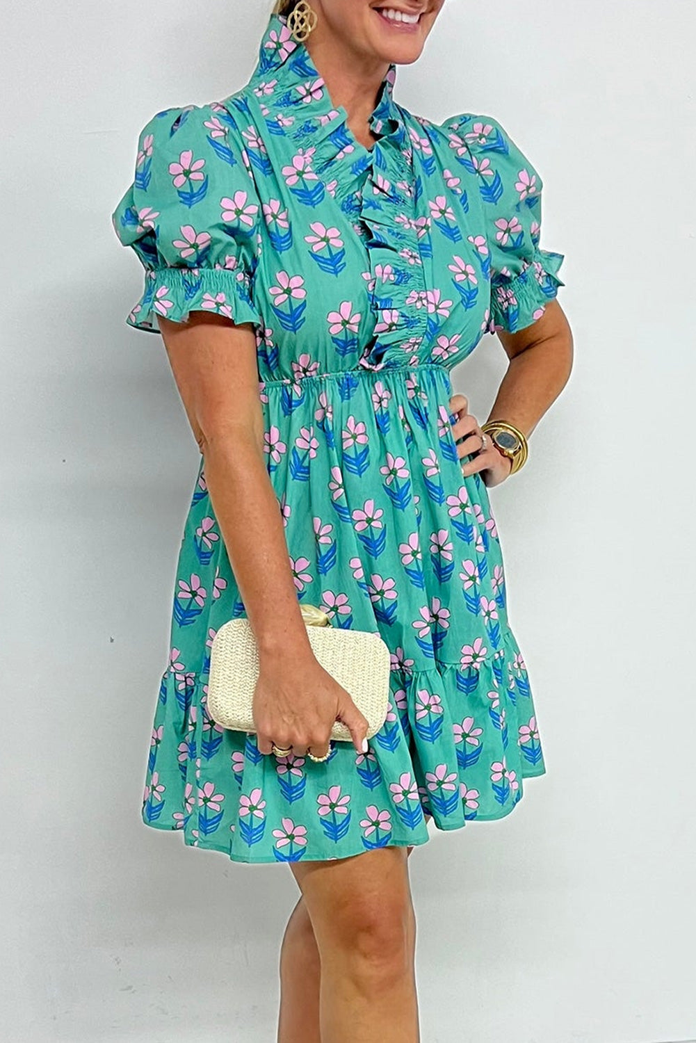 Green Floral High Waist Mini Dress
