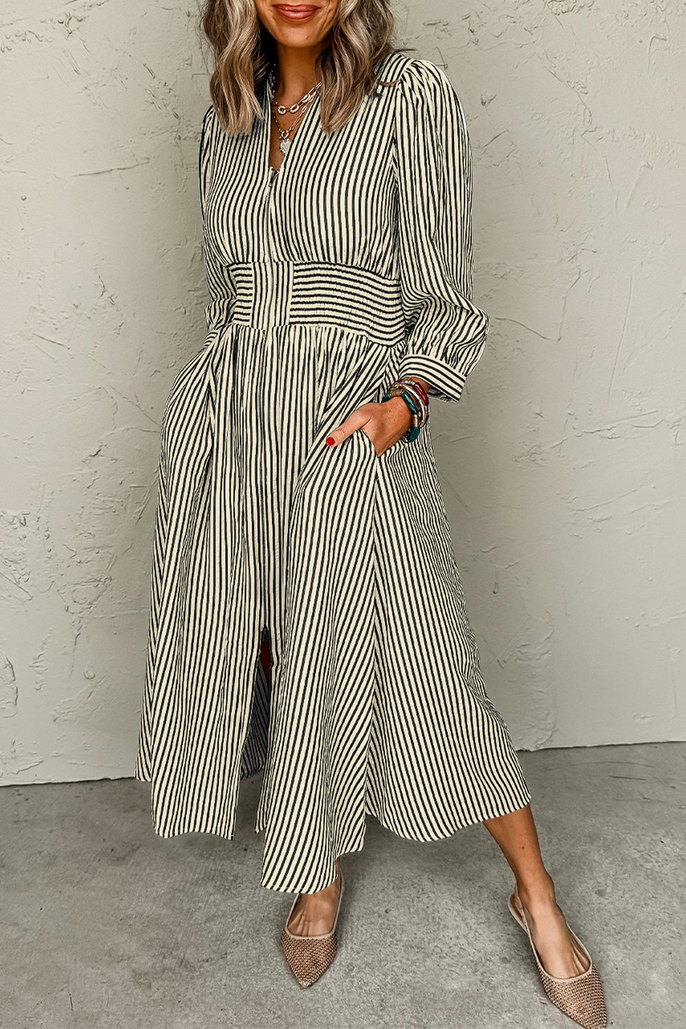 Striped Zip Front Midi Dress