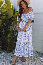 Sky Blue Floral Print Square Neck Bubble Sleeve High Waist Maxi Dress