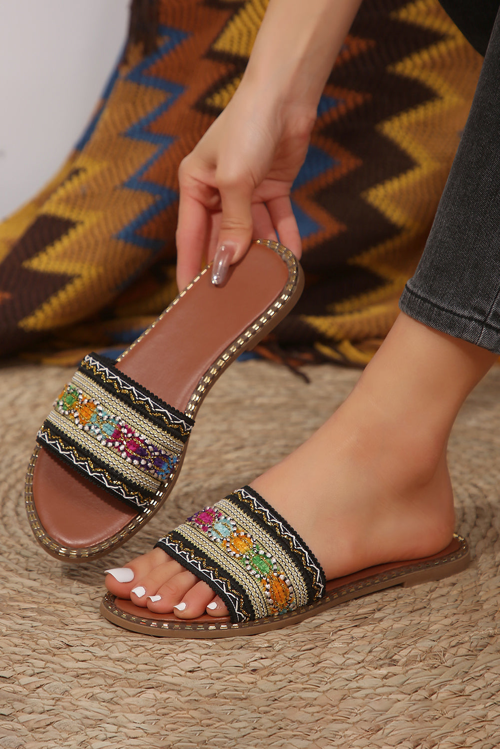 Boho Crochet Faux Leather Beach Slippers
