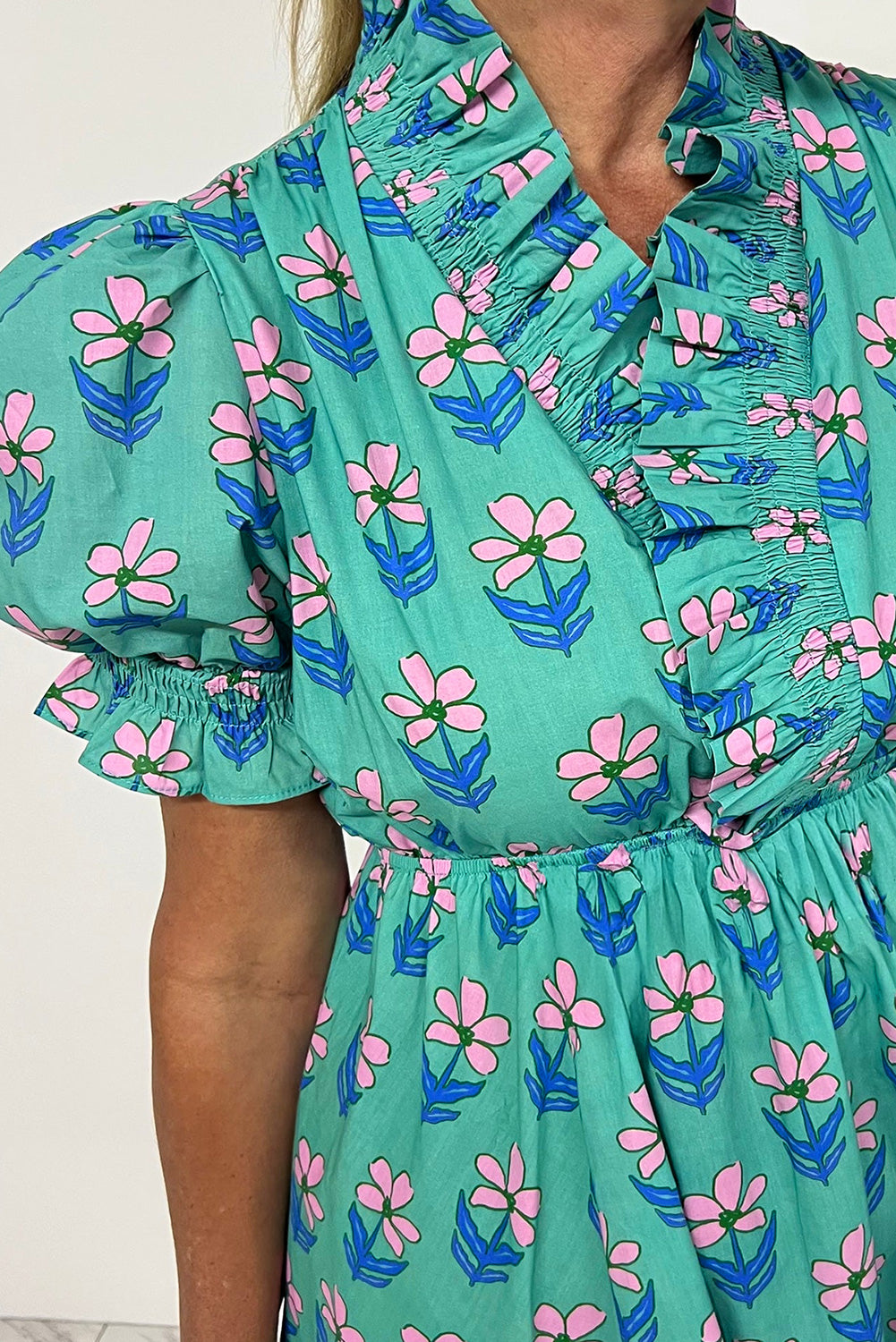 Green Floral High Waist Mini Dress