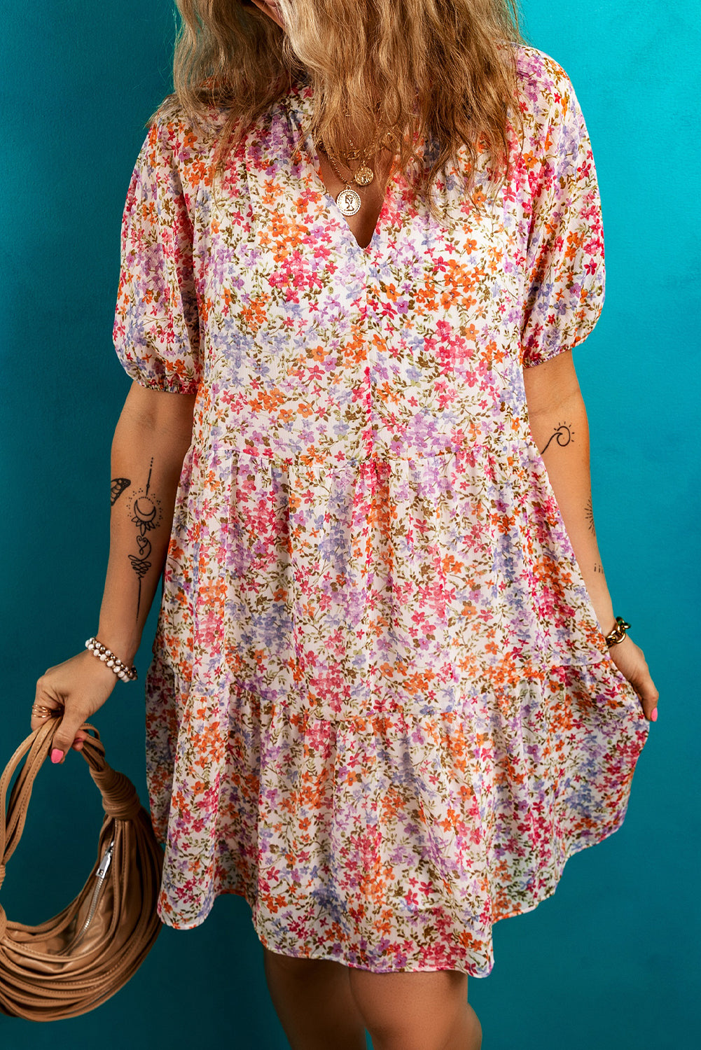 Floral Notched V Neck Tiered Mini Dress