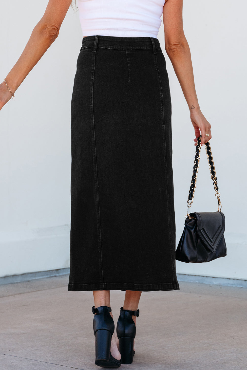Black Side Split High Waist Denim Midi Skirt