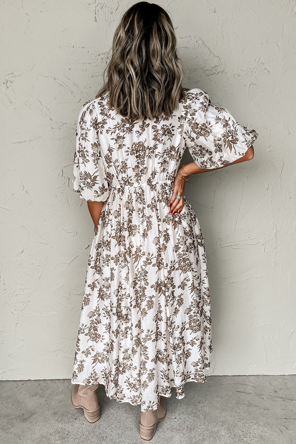 Floral Puff Sleeve V Neck Buttoned Front Maxi Dress