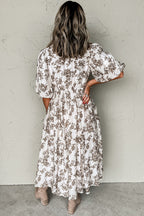 Floral Puff Sleeve V Neck Buttoned Front Maxi Dress
