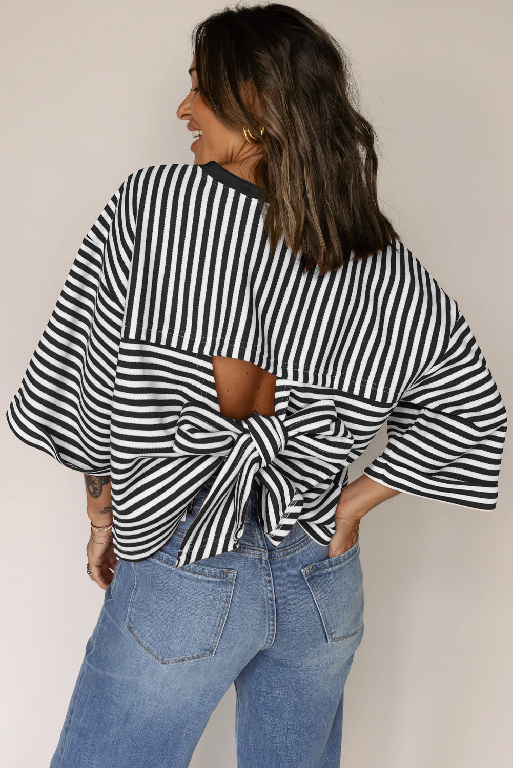 Black Stripe Bowknot Cutout Back Drop Shoulder Tee