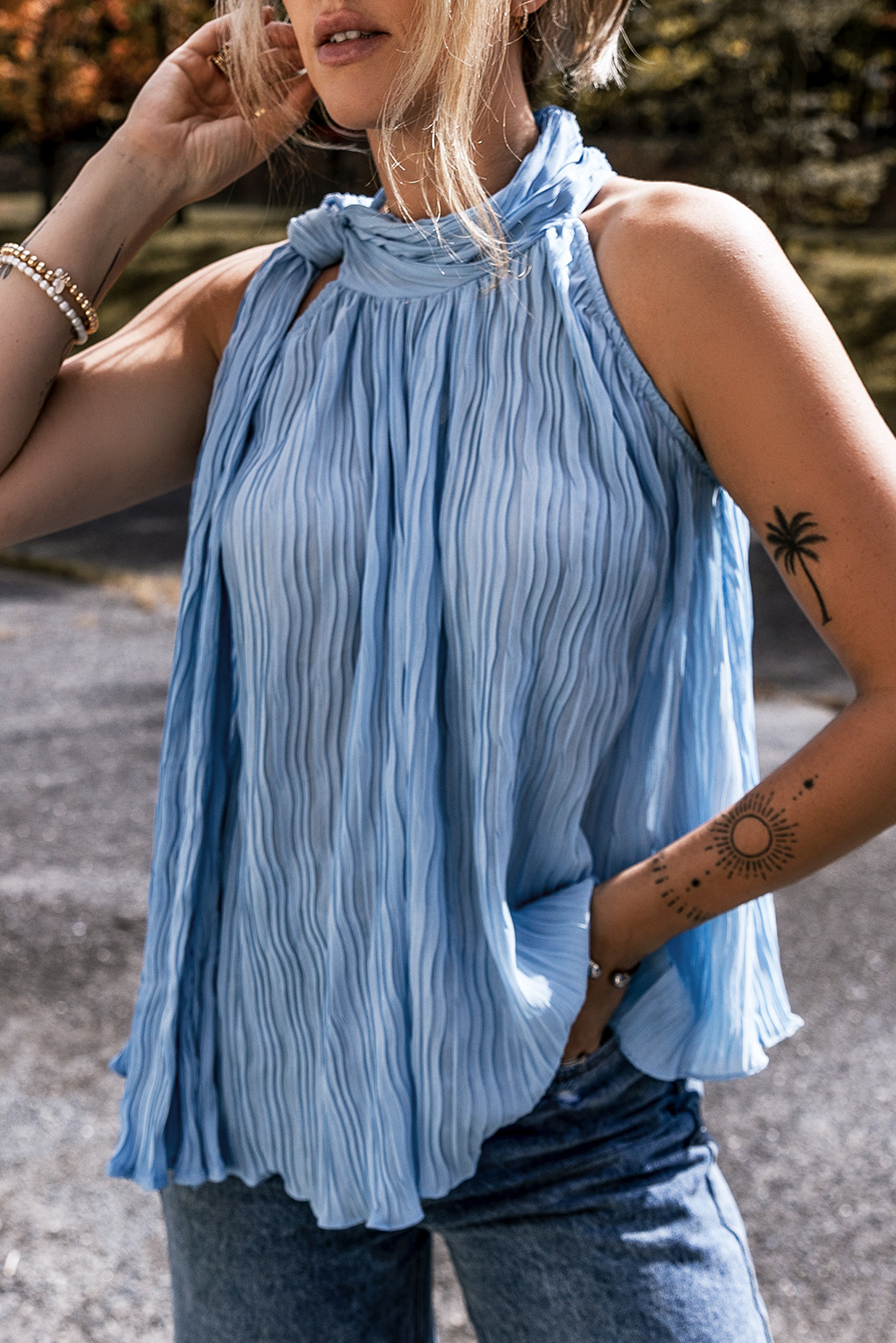 Pleated Tied Mock Neck Tank Top