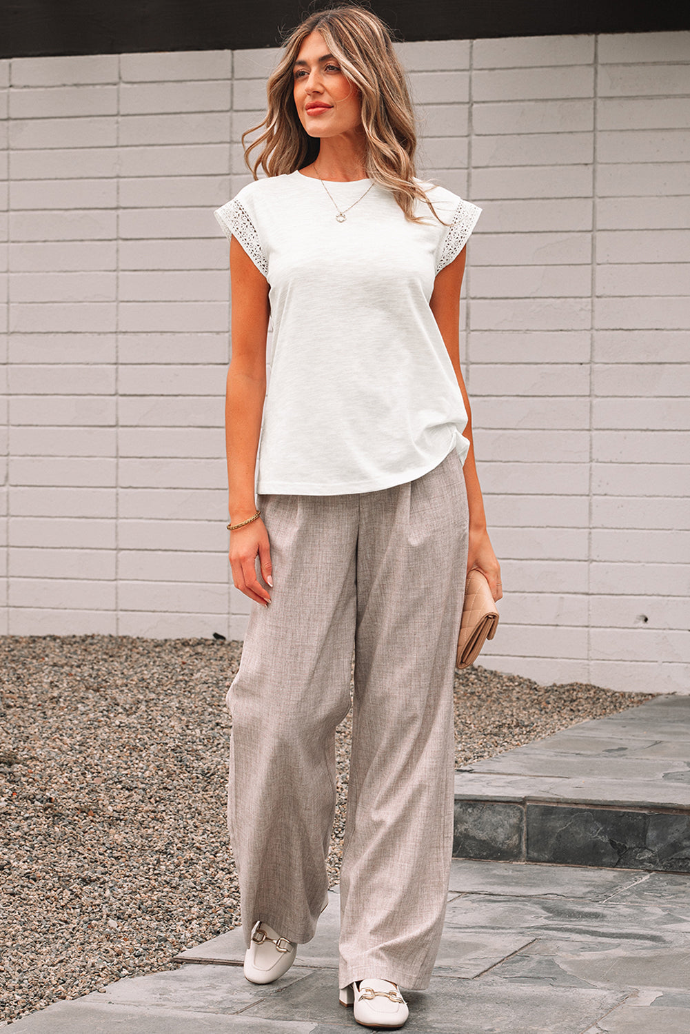 White Lace Patchwork Round Neck T Shirt