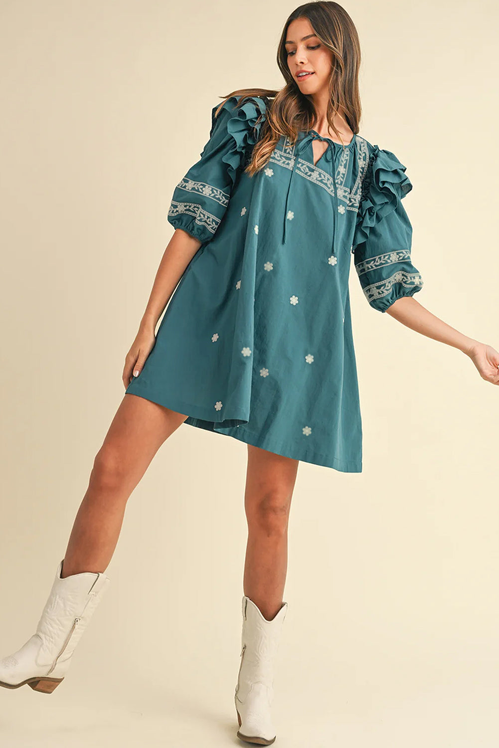 Boho Ruffle Puff Sleeve Mini Dress