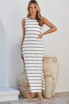 White Stripe Print Open Back Maxi Dress with Slits