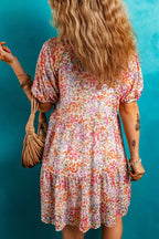 Floral Notched V Neck Tiered Mini Dress
