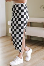 Checkered Print Side Slit Midi Skirt