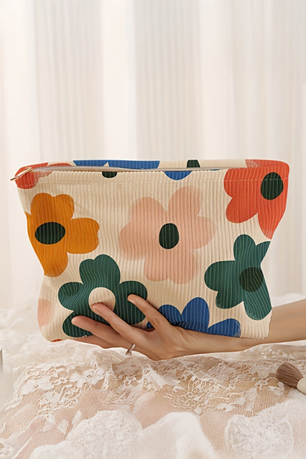 White Floral Print Corduroy Storage Bag