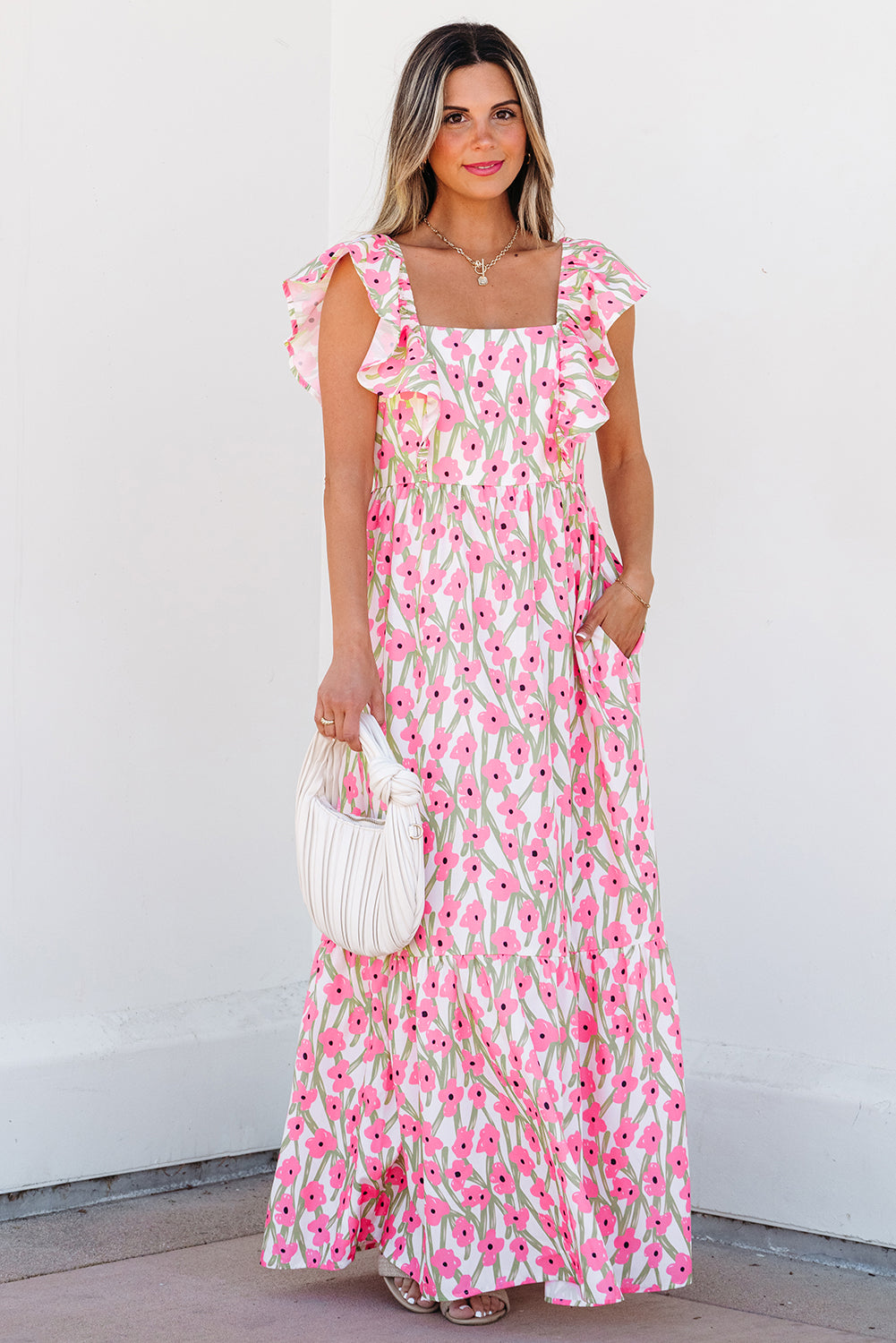 Floral Print Ruffled Strap Maxi Dress