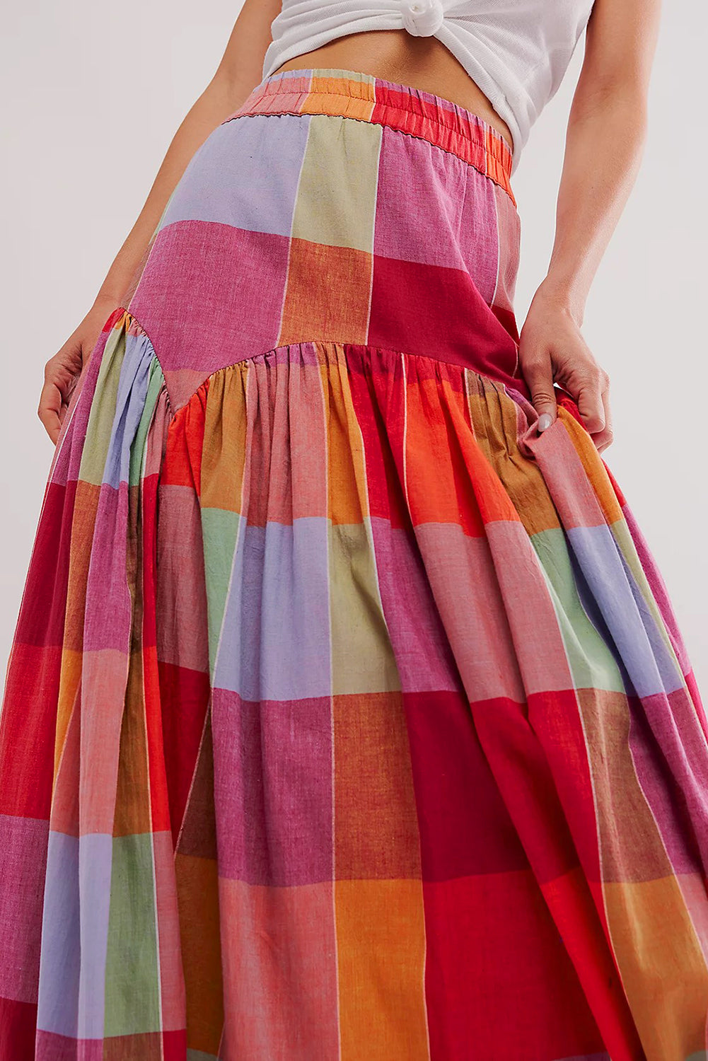 Plaid Print Ruched High Waist Maxi Skirt