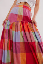 Plaid Print Ruched High Waist Maxi Skirt
