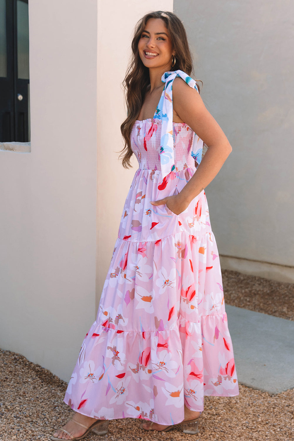 Floral Knotted Shoulder Smocked Maxi Dress