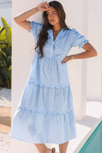 Sky Blue Stripe Bubble Short Sleeve Tiered Scallop Long Dress