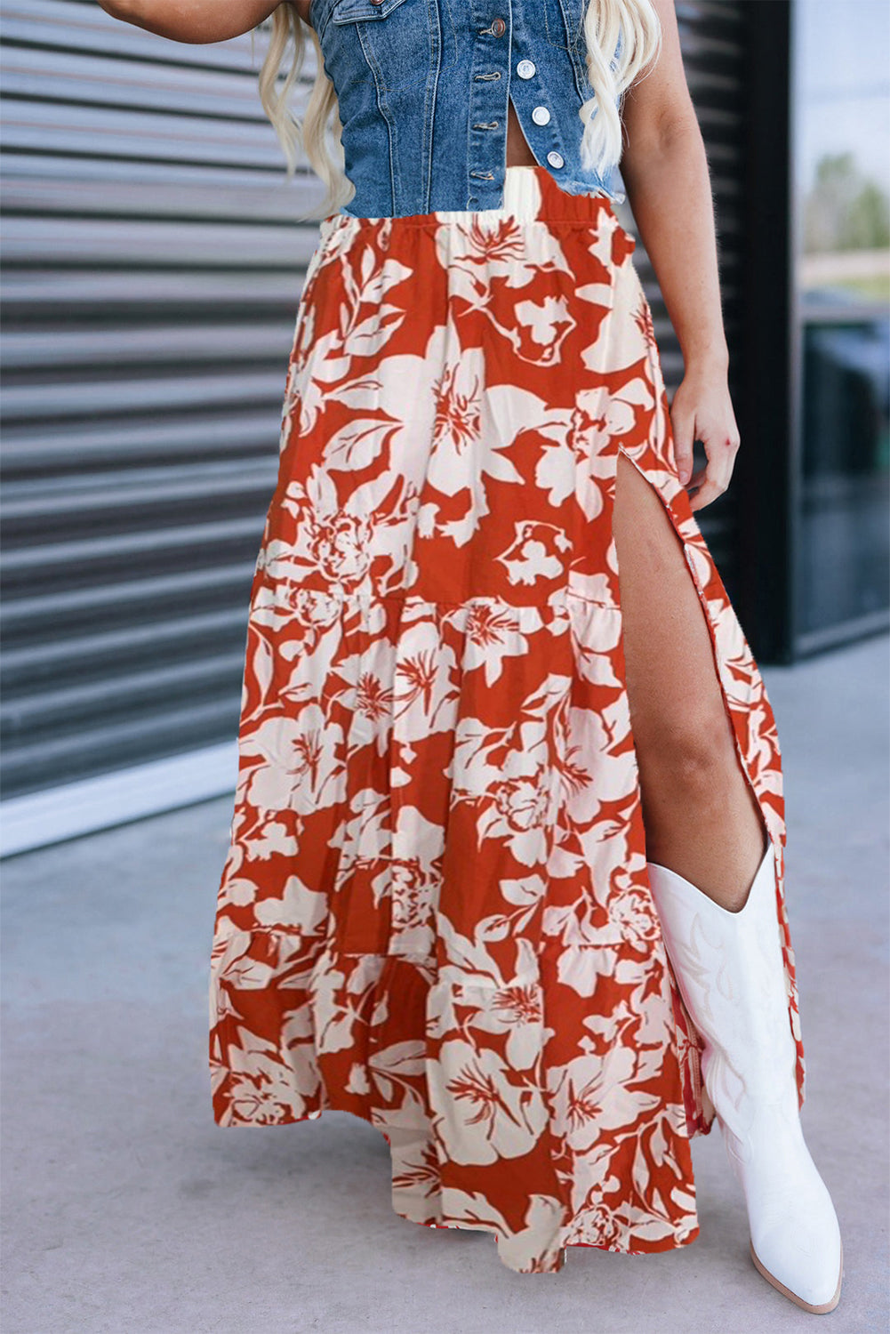 Red High Split Cowgirl Maxi Skirt