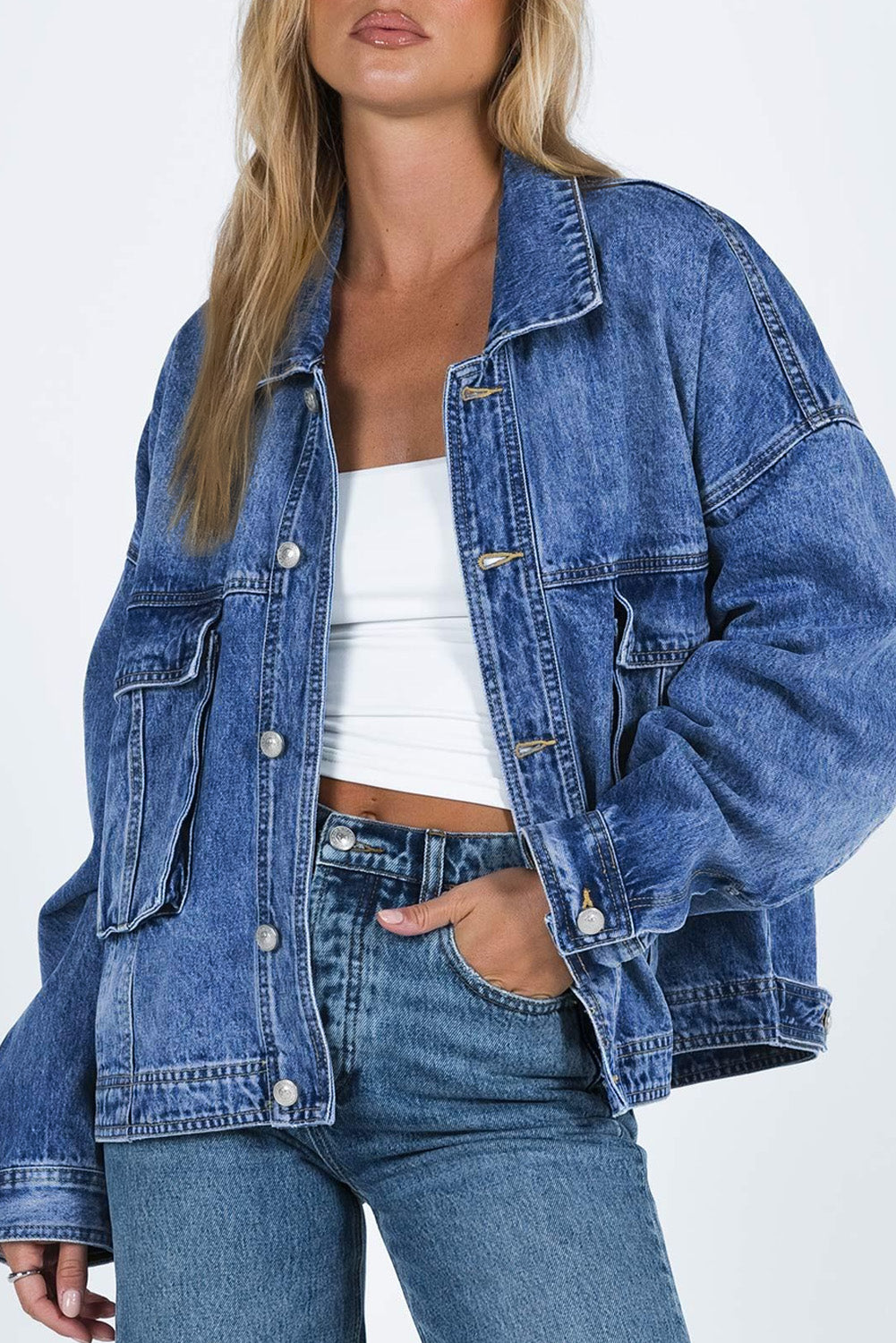 Blue Drop Shoulder Loose Denim Jacket