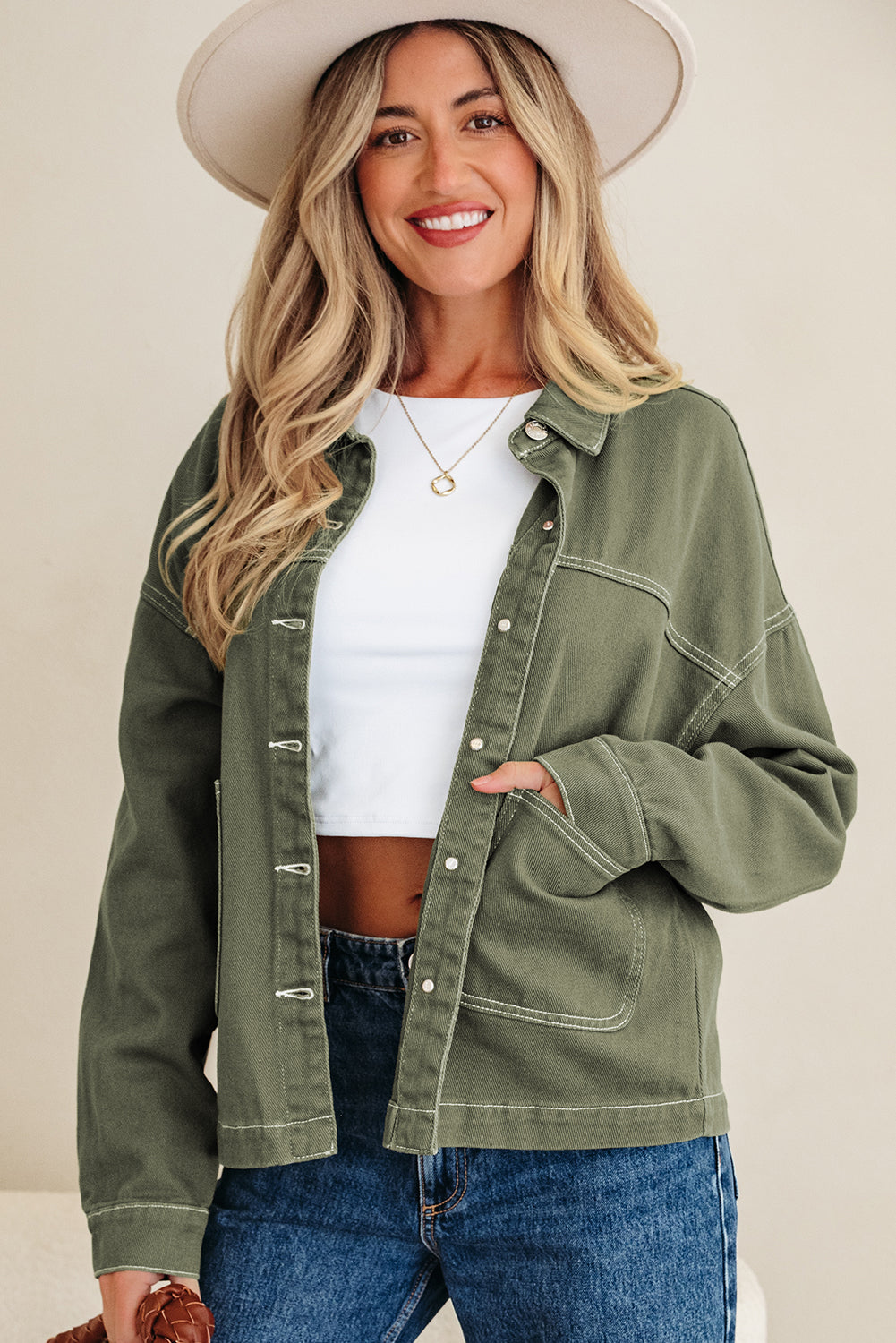 Green Collared  Boyfriend Denim Jacket