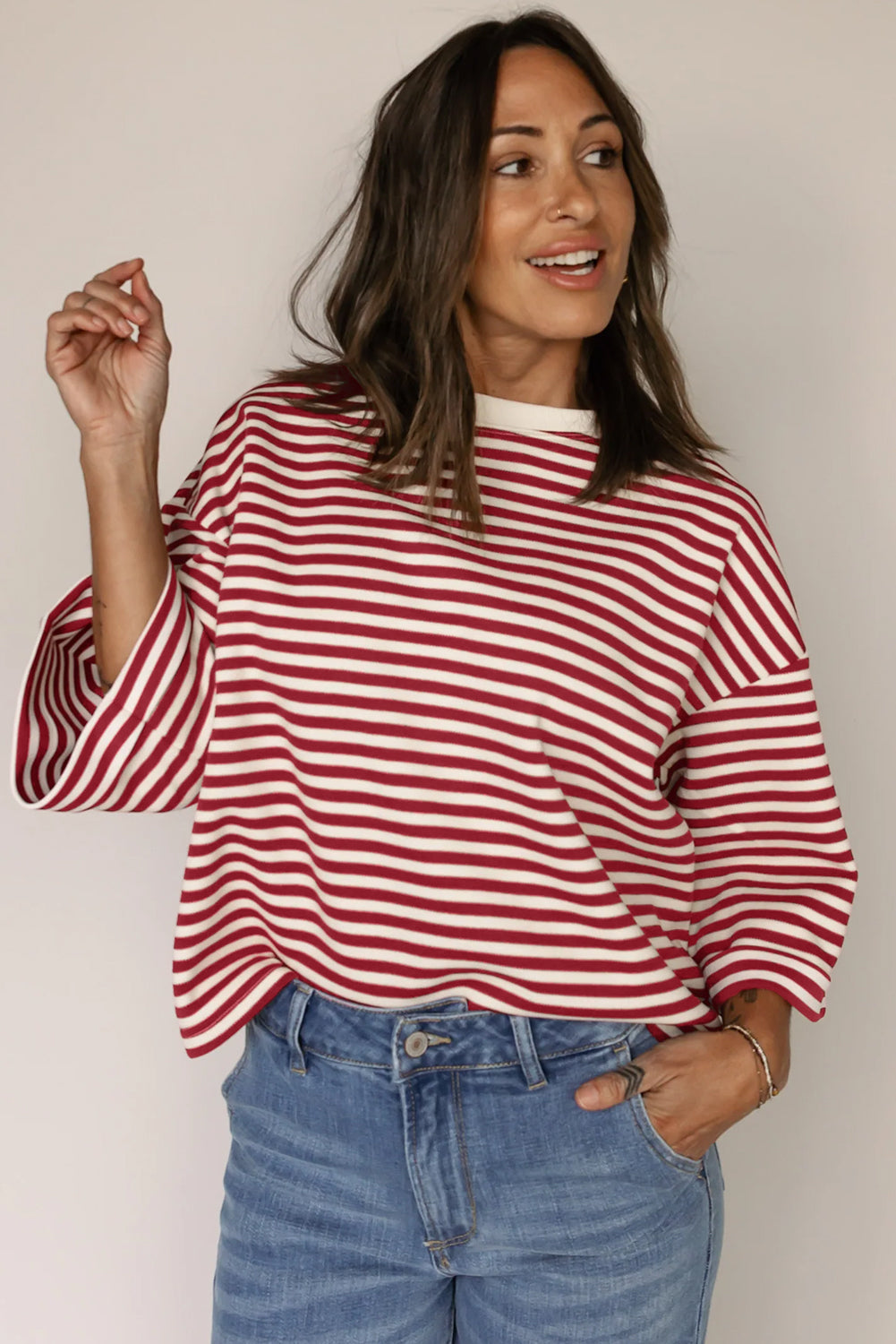 Red Stripe Bowknot Cutout Back Drop Shoulder Tee