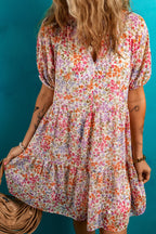 Floral Notched V Neck Tiered Mini Dress
