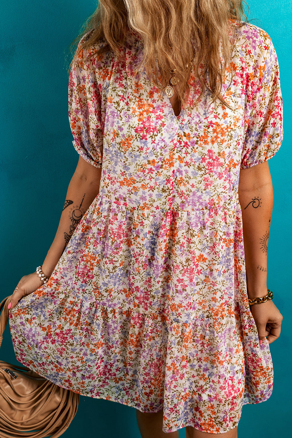 Floral Notched V Neck Tiered Mini Dress
