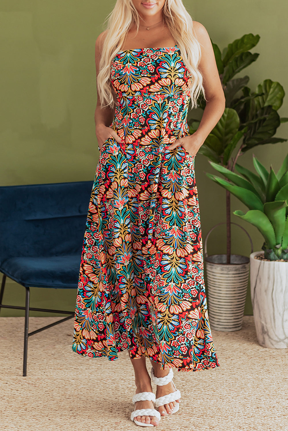 Boho Floral Print High Waist Maxi Dress