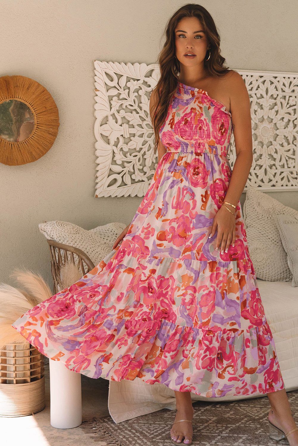 Floral Shirred One Shoulder Maxi Dress