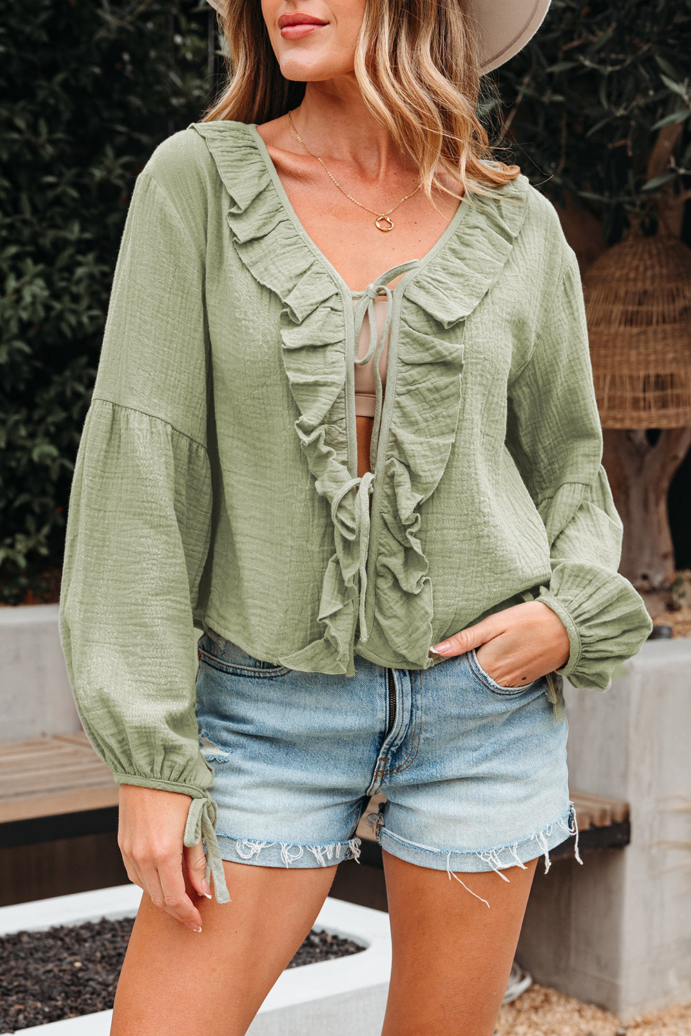 Mist Green Bow Tie Long Sleeve Blouse