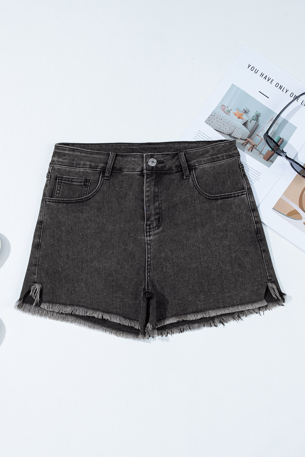 Grey Raw Hem Denim Shorts