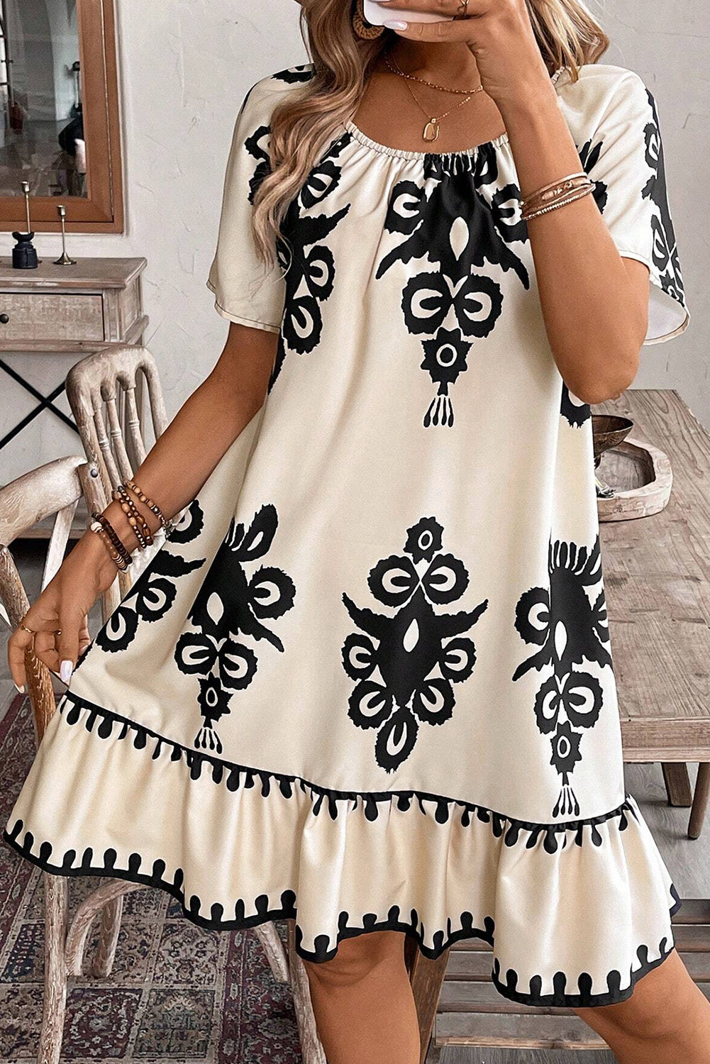 Western Print Ruffled Loose Dress