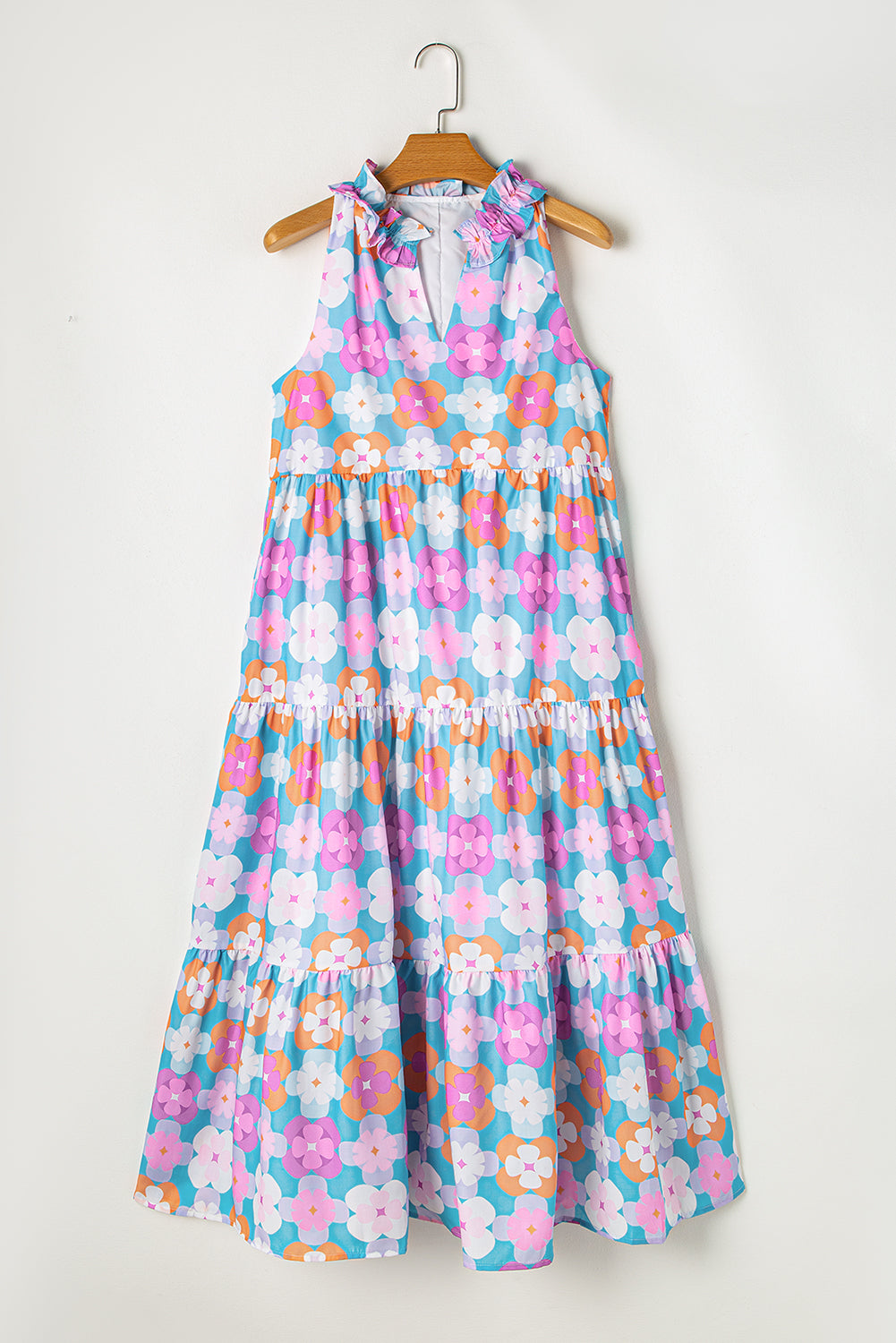 Floral Print Frilly Neck Maxi Dress