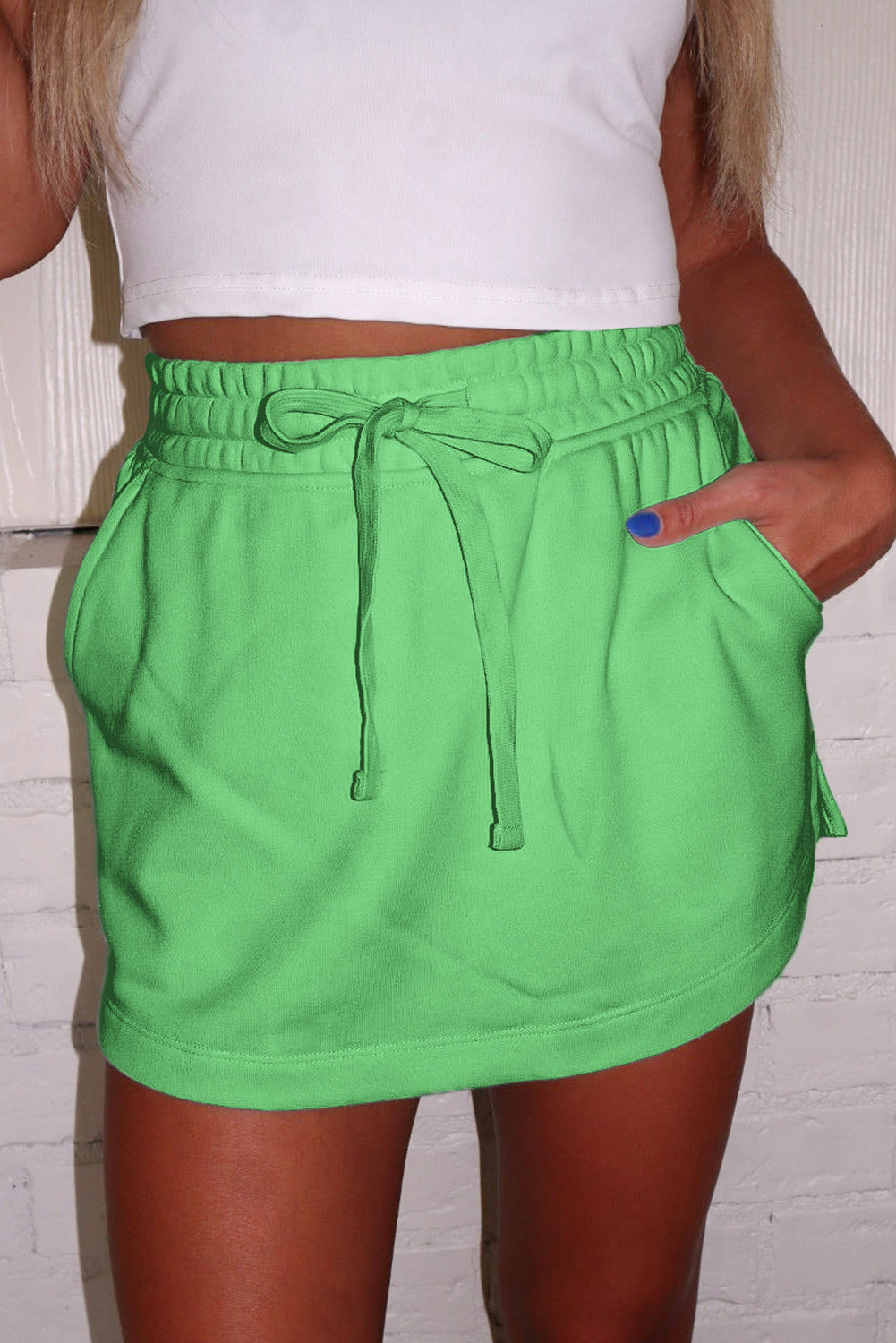 Light Green French Terry Drawstring Mini Skort