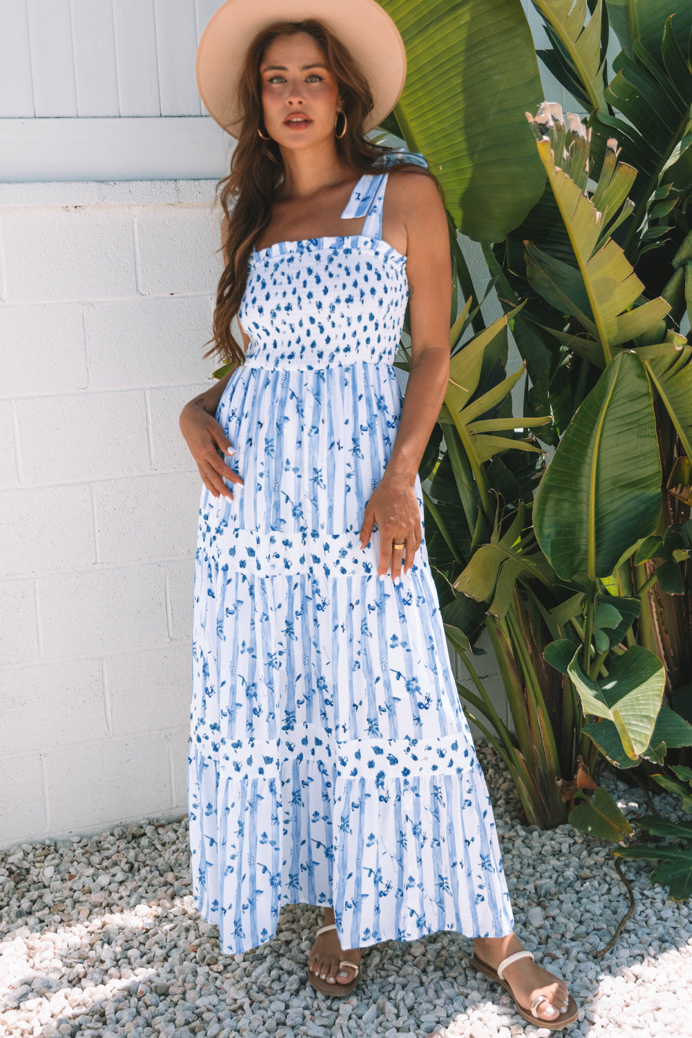 Sky Blue Floral Smocked Tied Straps A-Lined Tiered Maxi Dress