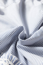 Sky Blue Stripe Patchwork Crossed Lace Detail Bracelet Sleeve Maxi Dress