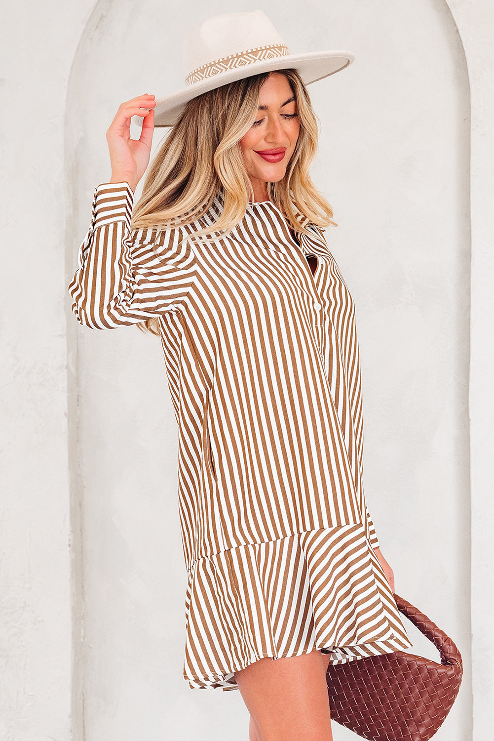 Striped Ruffled Hem Shirt Mini Dress