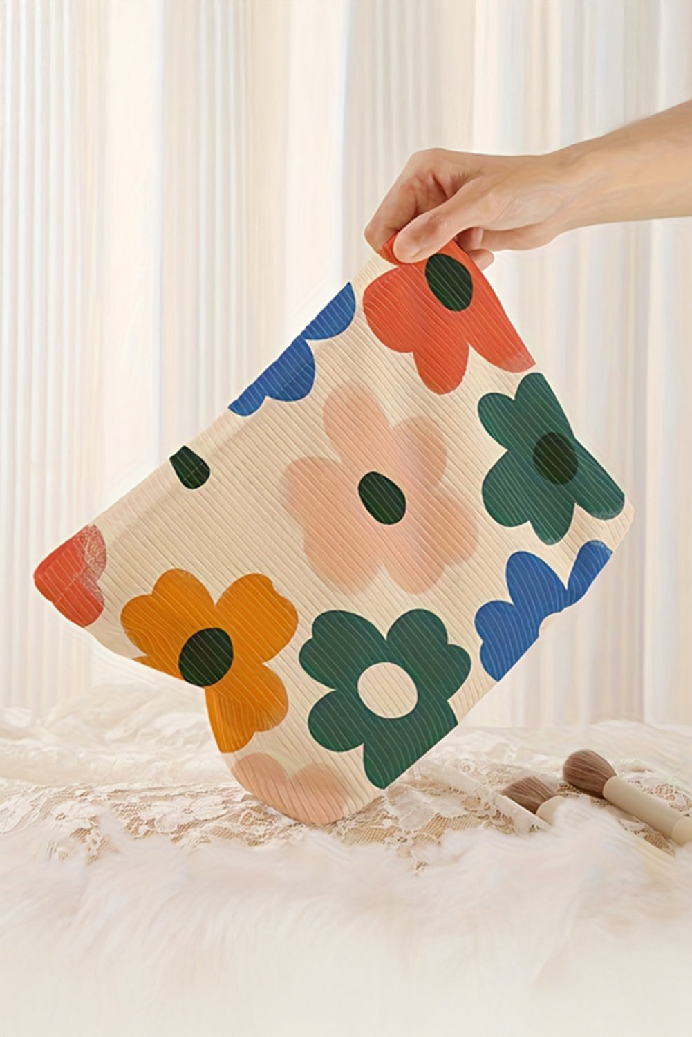 White Floral Print Corduroy Storage Bag